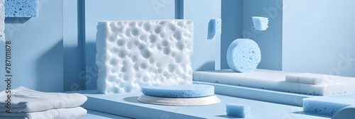 Transformational Cleaning Experience: Display of a Distinctive White and Blue Sponge Eraser's Versatility and Efficacy photo