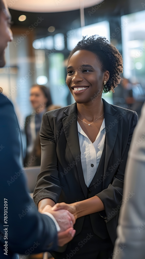 In a corporate office, a businesswoman and her partners engage in a handshake, signifying successful cooperation. In a corporate office, a businesswoman and her partners engage in a handshake, signifying successful cooperation.