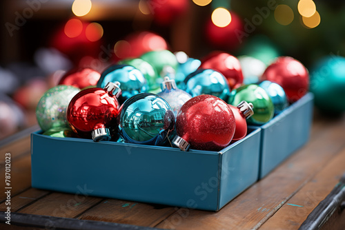mage of a small box of christmas ornaments, blue, red , green, christmas scene