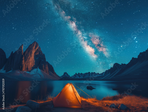 AI-generated illustration of a tent under starry sky near a mountain lake