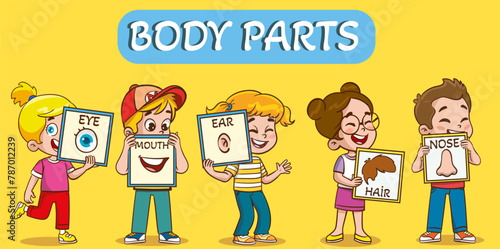 Vector illustration of little kids holding cards about 5 senses.Vector illustration of little children showing parts of the body