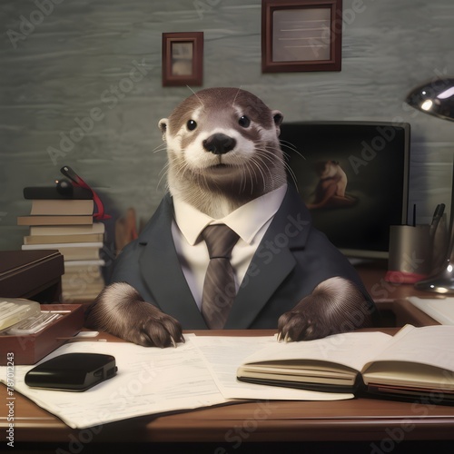 An otter, dressed in a sharp suit and tie, sits at a desk, seemingly engrossed in its work. The otter’s commitment to professionalism is commendable!