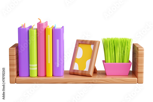 Book stack with hard cover standing and laying, and photo frame and plant in pot on wooden shelf. (ID: 787012263)