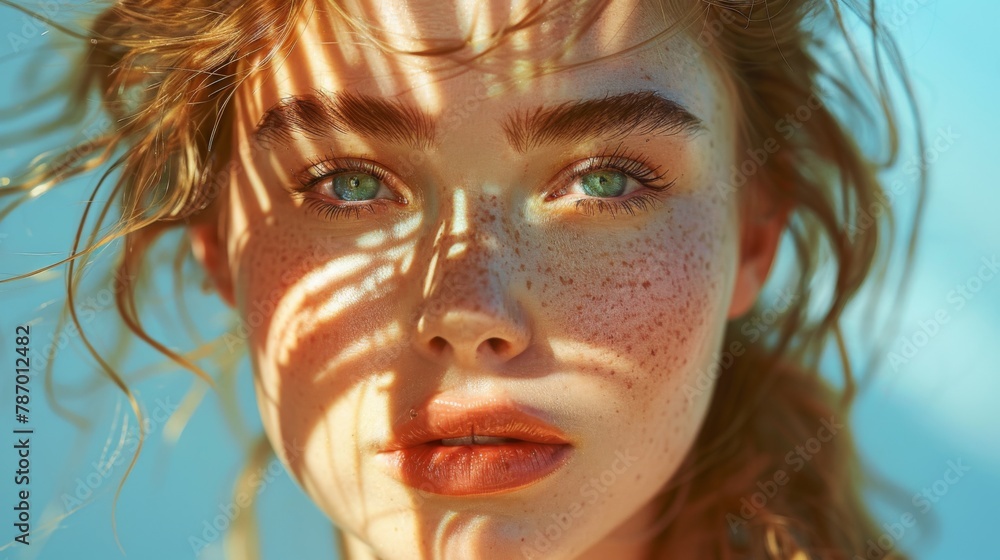 A bright and airy portrait of a model with peachy skin, with delicate palm shadows overlaying her face, set against a sky blue background