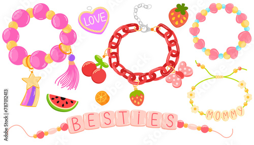 Kids jewelry set, different cute bracelets. Cartoon drawing bracelets for children isolated on white. Fashion, jewelry concept. Vector hand draw illustration