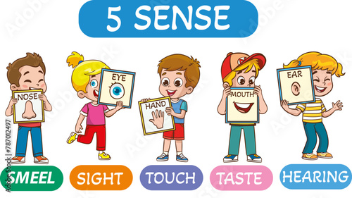 Vector illustration of little kids holding cards about 5 senses.Vector illustration of little children showing parts of the body