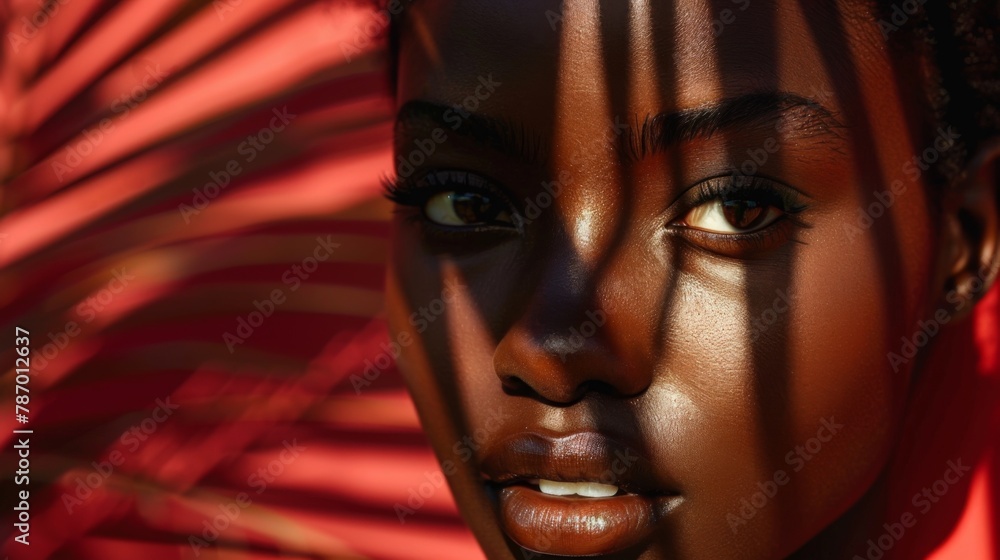 A moody portrait of a model with rich mocha skin, with dark palm leaf shadows creating a mysterious aura, set against a deep burgundy background A moody portrait of a model with rich mocha skin, with dark palm leaf shadows creating a mysterious aura, set against a deep burgundy background