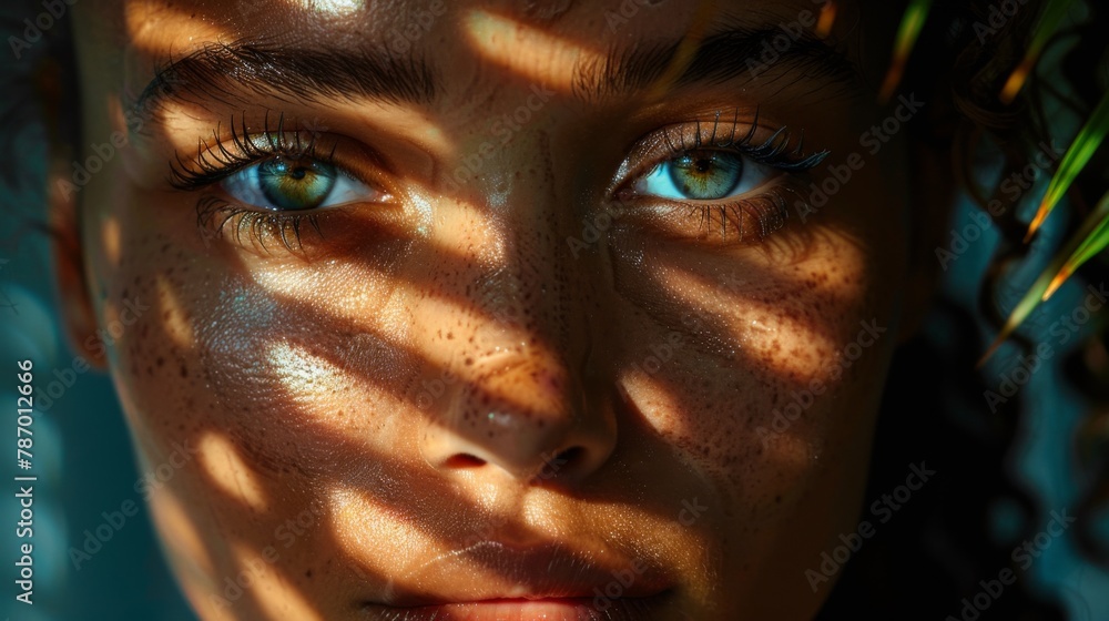 A mysterious portrait of a model with tan skin, with the sharp angles of palm shadows across her face, set against a dark slate blue background