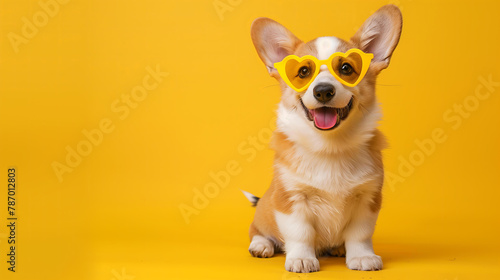 St. Valentine's Day card concept. Funny puppy dog corgi in yellow heart shaped glasses isolated on yellow background with copy space	