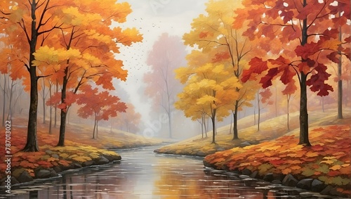 AI generated illustration of an autumn landscape by a stream with trees