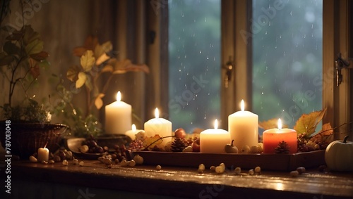 AI generated illustration of candles burning on a window ledge during winter night by a front window