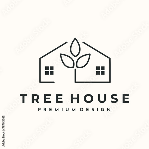house of tree line art logo vector minimalist illustration design, nature tree house logo design