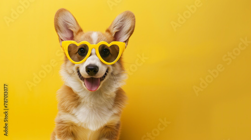 St. Valentine's Day card concept. Funny puppy dog corgi in yellow heart shaped glasses isolated on yellow background with copy space  © ALL YOU NEED studio