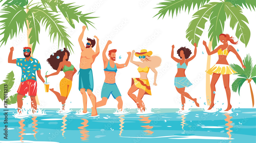 People dance in pool party vector illustration. Cartoo