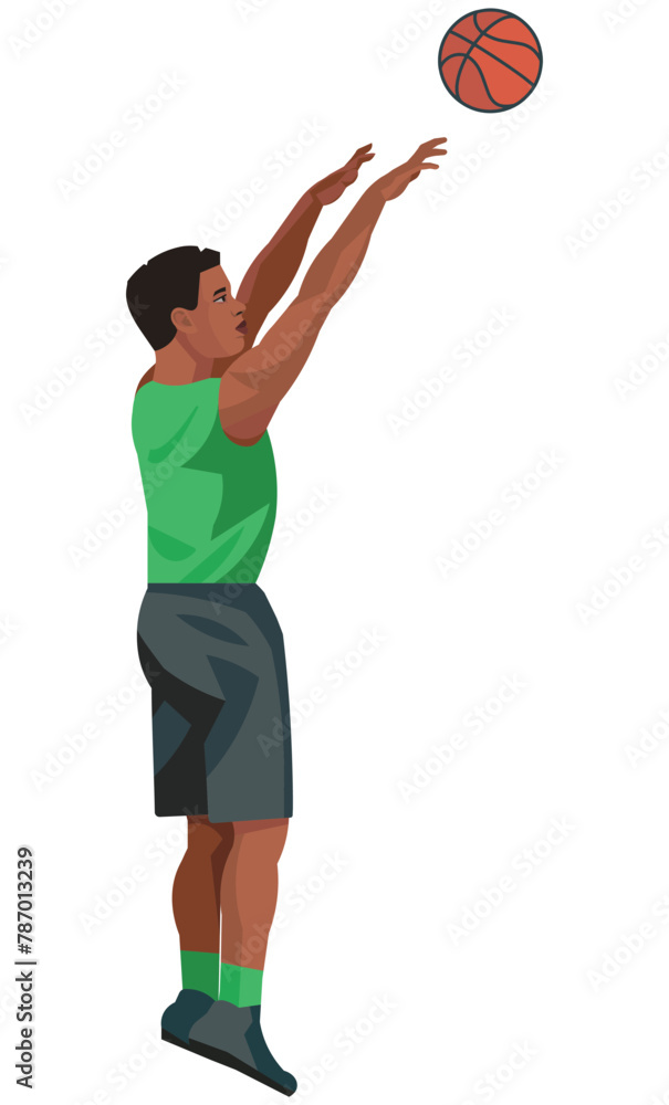 Black basketball player in a green jersey who jumped on the spot and threw the ball forward with two hands