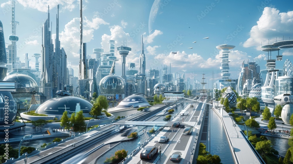 A futuristic cityscape with cars driving on a road