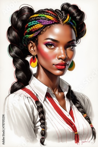 AI generated illustration of a stylish young woman with vibrant braided hair in a white shirt