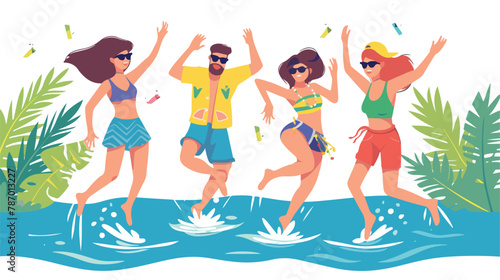 People dance in pool party vector illustration. Cartoo