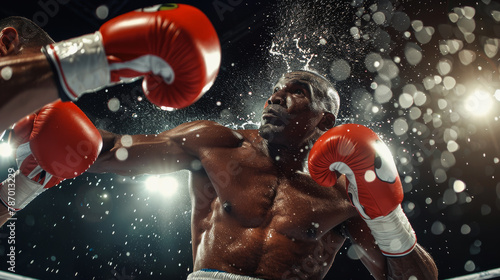 Intense moment at a boxing ring: boxer defending against a powerful punch