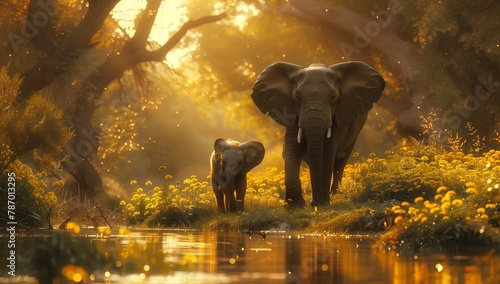 Two terrestrial animals, an Indian elephant and an African elephant, are standing by a river in the ecoregion of a jungle. The natural landscape is filled with lush plants and grass