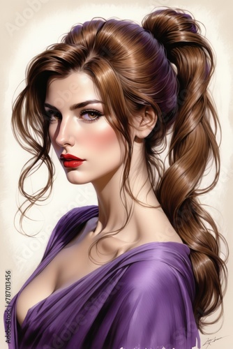 AI generated illustration of a gorgeous woman with long hair, bright makeup, and a purple dress