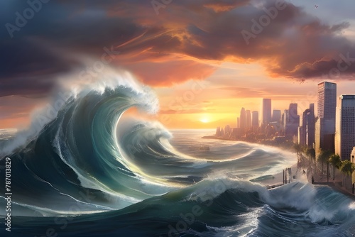Gigantic wave curling over a coastal city at sunset, an apocalyptic vision of natural disasters impacting urban environments Generative AI