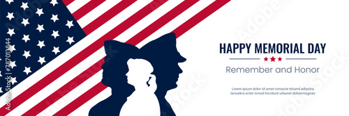 Memorial Day banner. Vector illustration with silhouettes of military men.