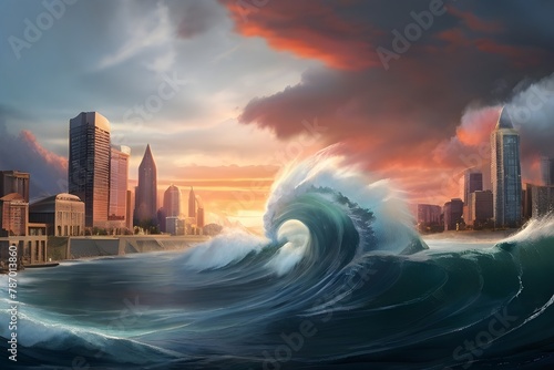 Gigantic wave curling over a coastal city at sunset, an apocalyptic vision of natural disasters impacting urban environments Generative AI