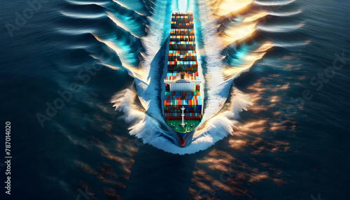 A massive cargo ship cutting through the deep azure waters of the ocean.