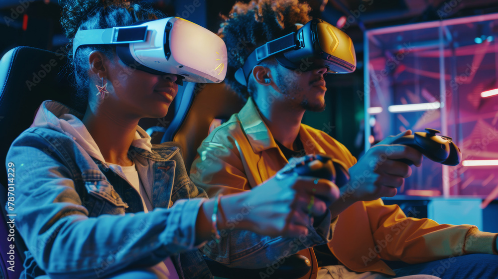 Obraz premium Young man and woman playing with virtual reality headsets in a neon-lit gaming room