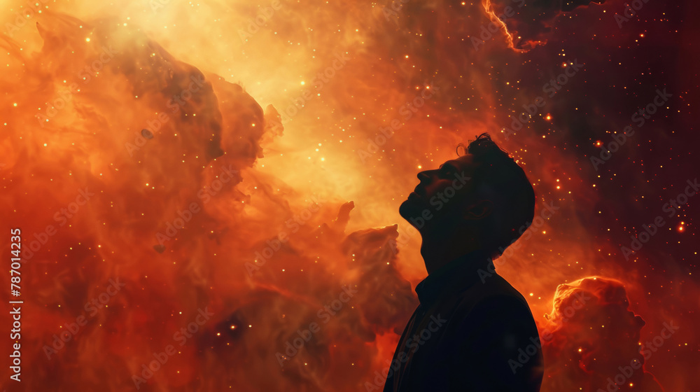Cosmic, silhouette and thinking with person on orange background for ethereal or spiritual faith. Fantasy, sky and universe with dark figure in prayer to God for magic miracle on galaxy of stars Cosmic, silhouette and thinking with person on orange background for ethereal or spiritual faith. Fantasy, sky and universe with dark figure in prayer to God for magic miracle on galaxy of stars