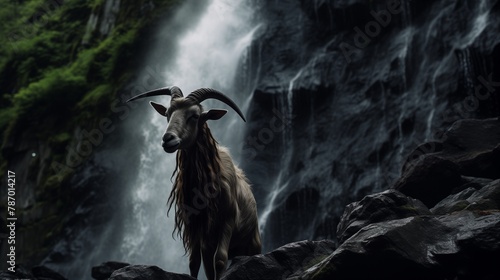 Amazing view of wild goat with long horns grazing on stony ground in mountainous near the waterfall. photo