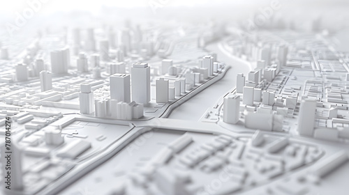 Fototapeta Naklejka Na Ścianę i Meble -  3d render of white map scene with city roads buildings top view isometric perspective