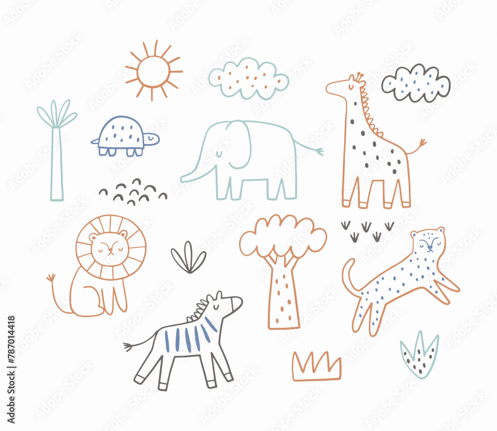 Naklejka premium Safari animals cute illustration in doodl style. Outline hand drawn print. African leopard, giraffe, elephant, lion, zebra and wild animals - character