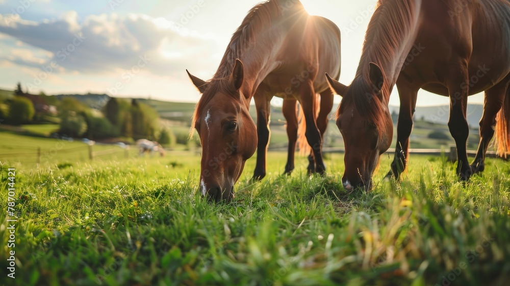 Horses eating grass in the rural landscape - obrazy, fototapety, plakaty 