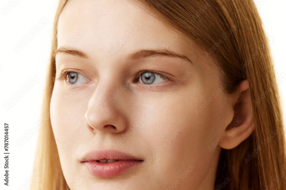 Fototapeta premium Close up photo of woman face with well-kept skin in preorbital zone against white studio background. Prevention of eyebags. Concept of natural beauty, organic cosmetic, spa procedures, face-care.