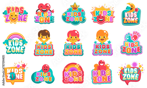 Kids zone emblem collection. Game room party labels, children education set