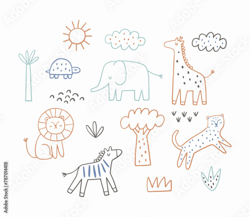 Safari animals cute illustration in doodl style. Outline hand drawn print. African leopard, giraffe, elephant, lion, zebra and wild animals - character © webmuza