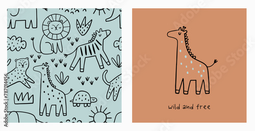 Safari animals cute illustration in doodl style. Outline hand drawn print. African leopard, giraffe, elephant, lion, zebra and wild animals - character. Seamless pattern © webmuza