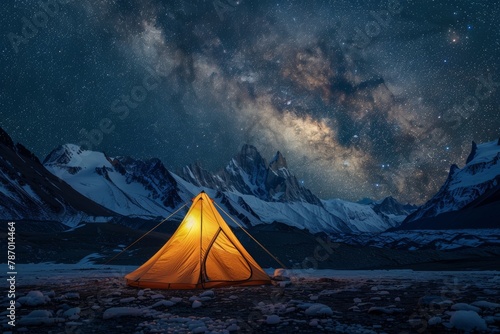 Isolated tent under a star-filled sky on snowy mountain plains at night