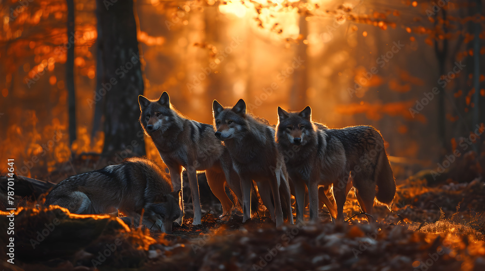 Wolf family in the forest with sunset. Group of wild animals in nature ...