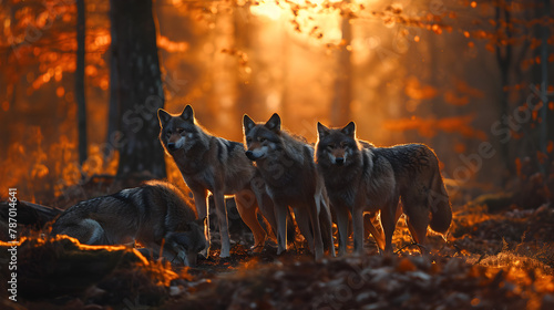 Wolf family in the forest with sunset. Group of wild animals in nature. © linda_vostrovska