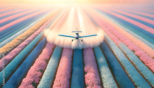 A high-angle view capturing a crop duster airplane spraying water over an immensely vast field of vibrant flowers, under the bright morning sunlight. photo