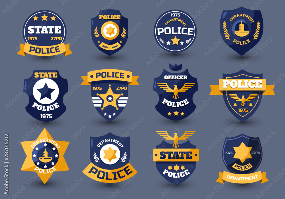 Naklejka premium Police officer seal. Policeman badges and sheriff emblems with star and shield, law enforcement insignia flat style. Vector collection