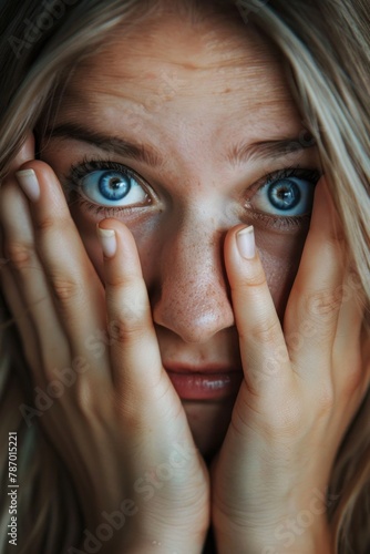 Close-up of a young woman with vivid blue eyes showing a fearful expression