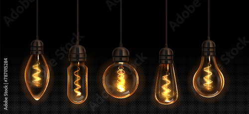 Vintage light bulbs set isolated on transparent background. Vector realistic illustration of electric glass lamps glowing with warm yellow light, retro style interior design elements, ceiling decor