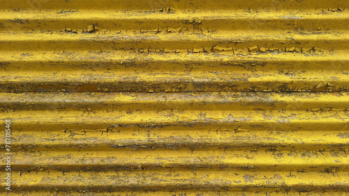 Fragment of an old metal wall made of corrugated metal. The paint layer has partially collapsed. Grunge. Background. Texture.