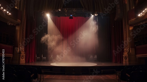 Empty theatrical stage with red curtains, chairs, and dramatic spotlight.