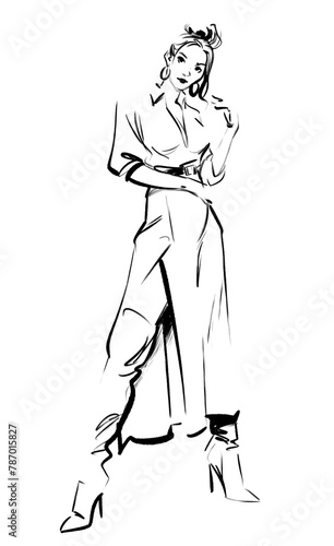 Quadro em tela A woman is standing posing in classic contraposto dressed in a midi skirt with a slit going up her thigh, she is wearing a blouse and thigh high boots