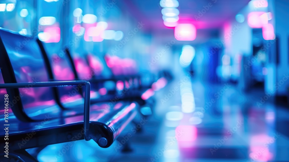 Empty blurred hospital, airport or office terminal waiting area hallway with a row of seats background with no people Empty blurred hospital, airport or office terminal waiting area hallway with a row of seats background with no people